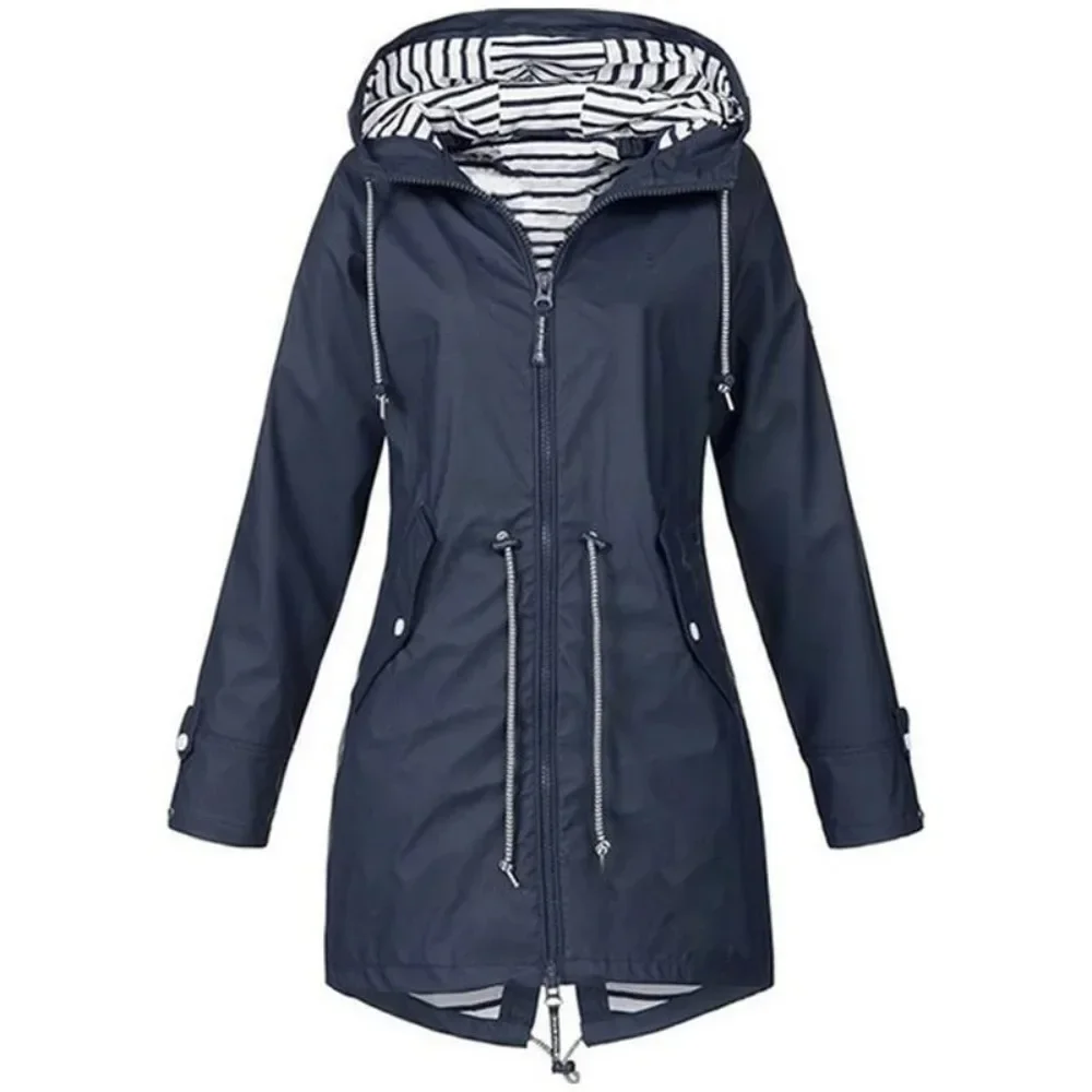 

New Spring Autumn Womens Waterproof Raincoat Casual Basic Outdoors Trench Lightweight Drawstring Jackets Hiking Clothes