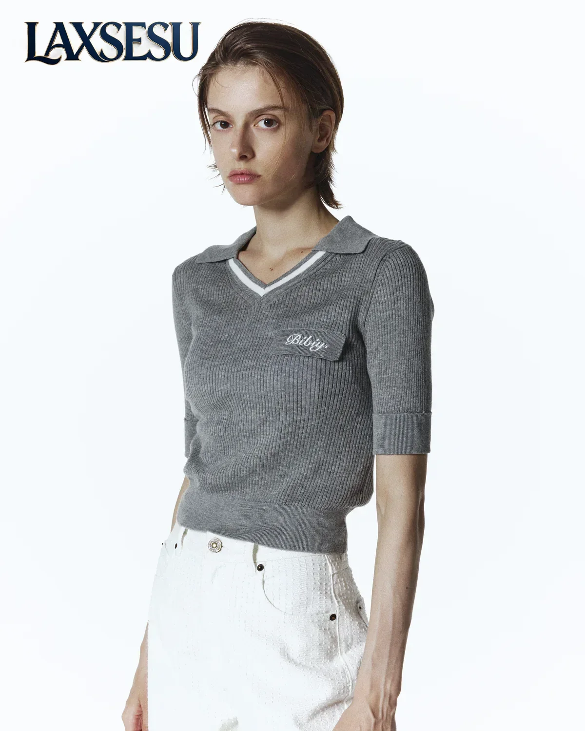 Summer New V-neck T-shirt Japanese Style Versatile Girl Short Sleeve T-shirts Retro Chest Color Blocked Knitted Top for Women