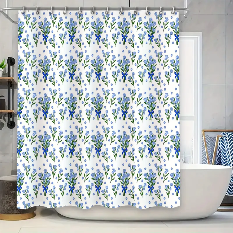 

Floral Shower Curtain Blue Flowers Pattern Waterproof Bathroom Decor Vintage Farmhouse Style Fabric Curtain Set