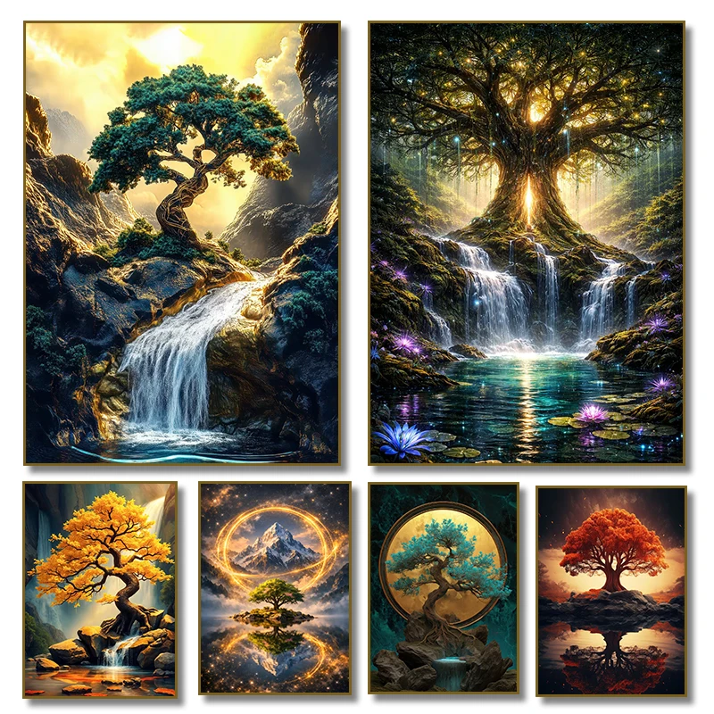 Bonsai Tree with Waterfall Tree of Life Mountain Poster Canvas Painting Print Wall Art Picture for Living Home Decor Cuadros