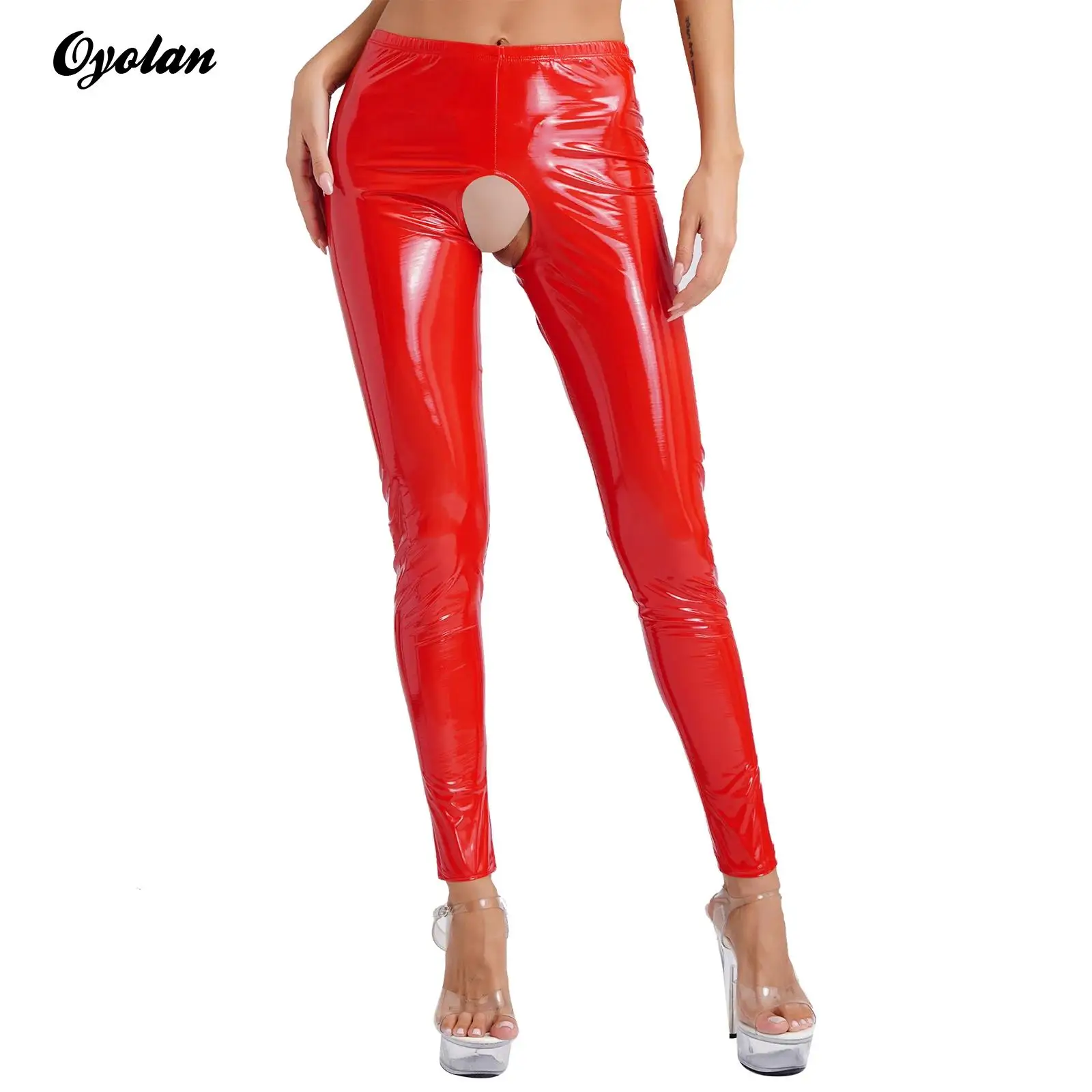 

Womens Glossy Patent Leather Crotchless Latex Pants Elastic Waistband Leggings High Waist Exotic Long Pants Sexy Clubwear