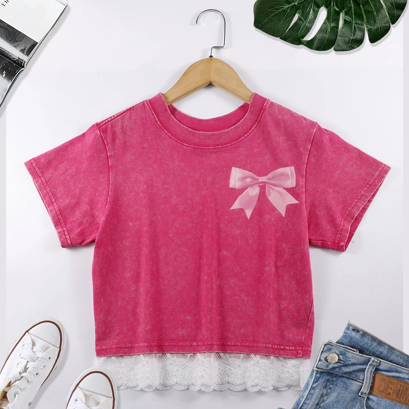 

Pink Cute Bow Pattern Prints Washed Crop Tops Women Fashion T-Shirt O-Neck Lace Creative Tee Soft Comfortable Clothes Female