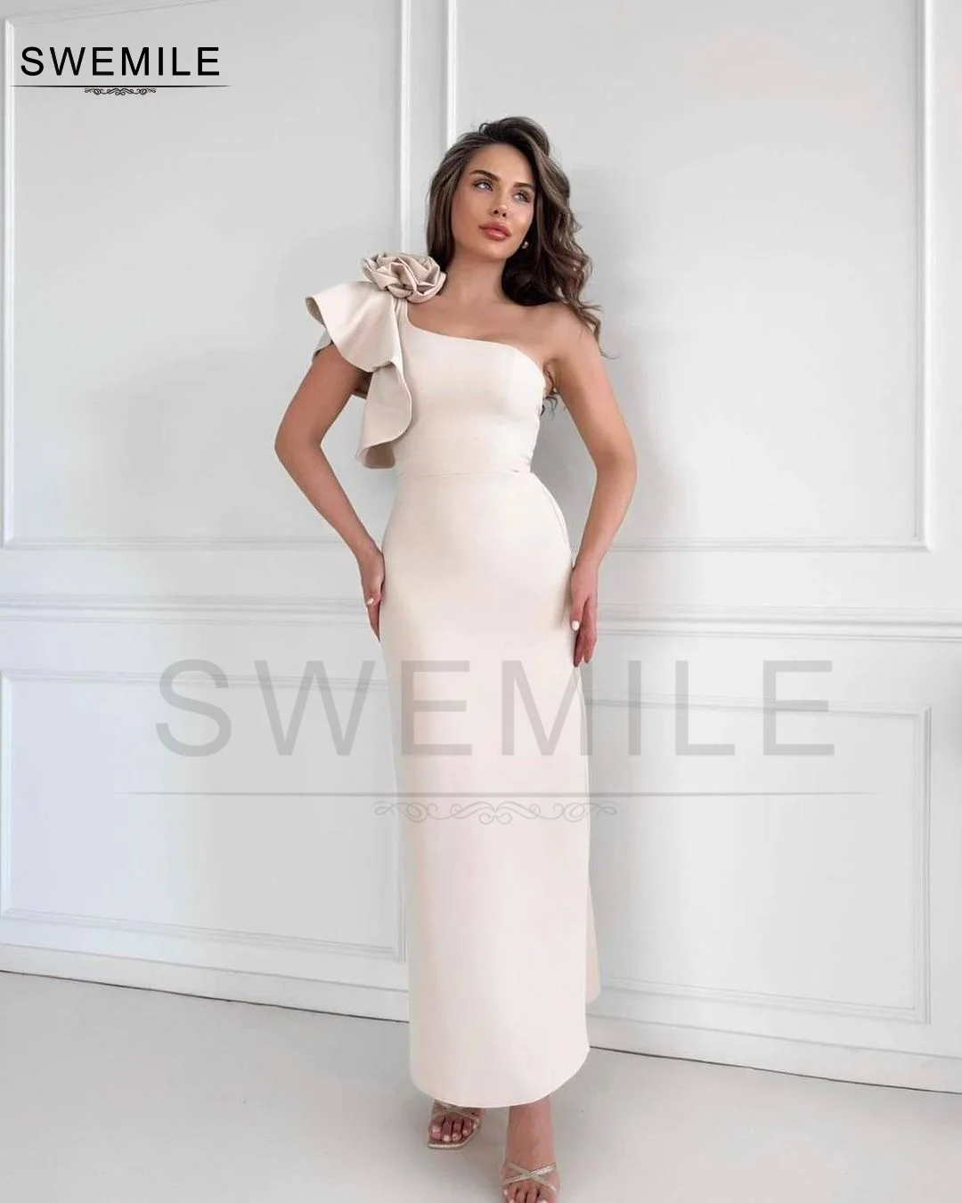 SWEMILE Sheath One-Shoulder Sleeveless Hand-Made Flowers Wedding Dresses Long Dresses Dubai Evening Dress 2024 Formal Occasion D