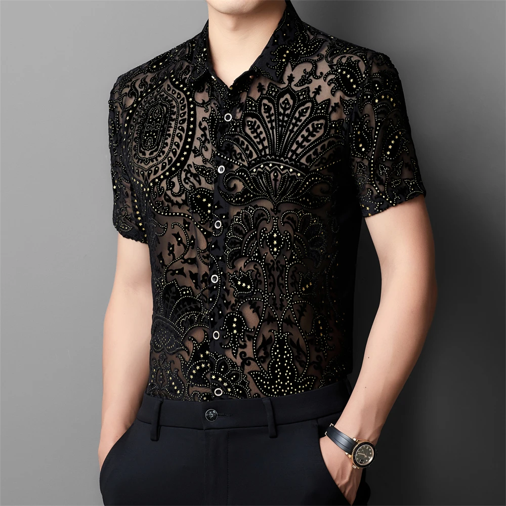 Hollow Transparent Fashion Shirts For Men Short Sleeve Easy Care Summer Quality Velvet Silky Breathable Trends Camisas De Hombre