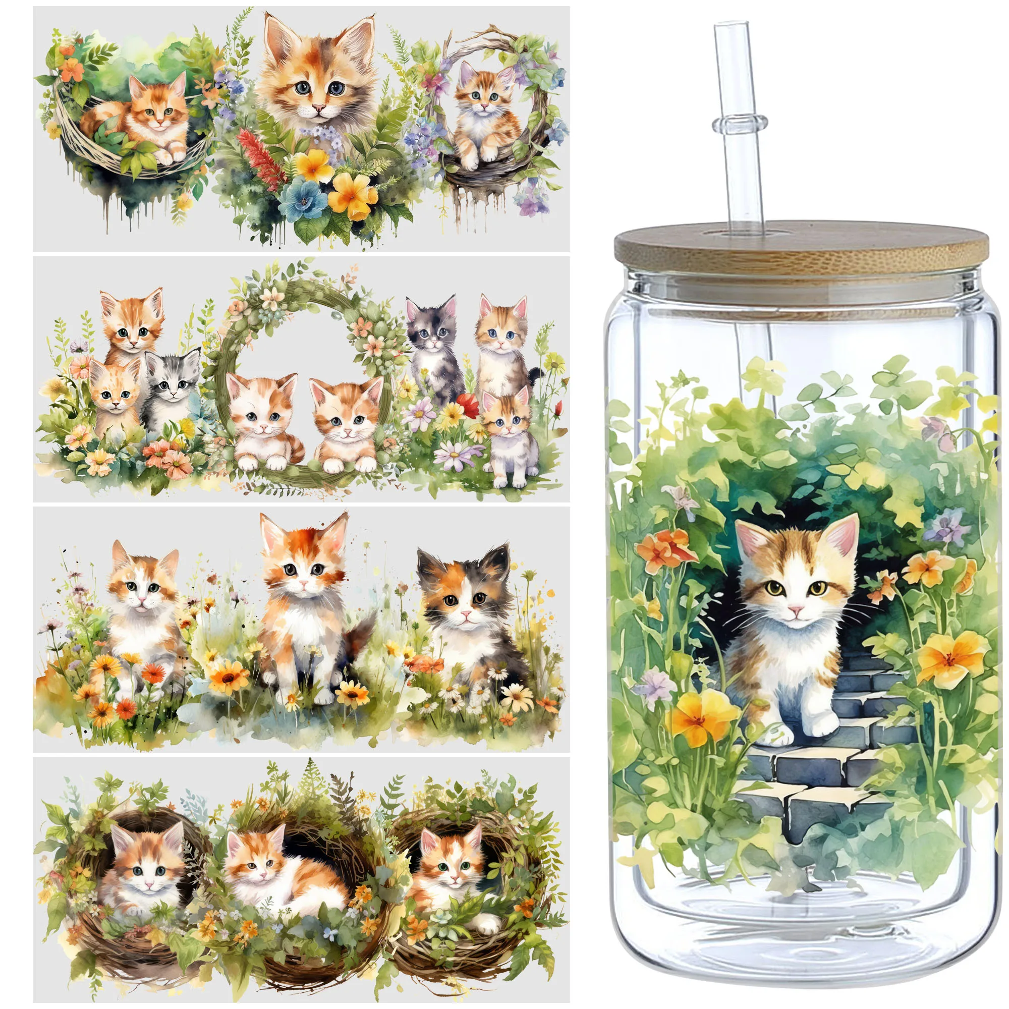 5 Blatt Cat UV DTF-Becheraufkleber, DTF-Transferaufkleber für Glasbecher, wasserfestes, naturwischbares Transferpapier für 16-Unzen-Glasbecher