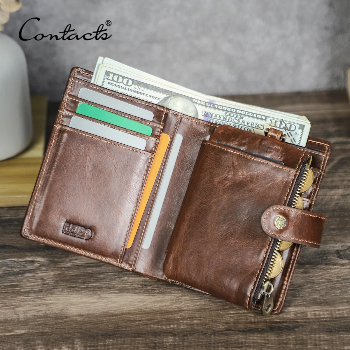 CONTACT'S Genuine Leather Short Wallets for Men Full Grain Leather Card Holder Money Clip Coin Purse Male Hasp Bifold Wallets