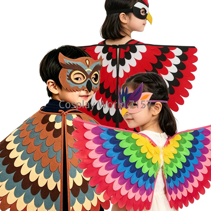 Rainbow Felt Phoenix Bird Wings Mask Set Colorful Feather Wing Costume Unisex Halloween Carnival Masquerade Cosplay Dress Up