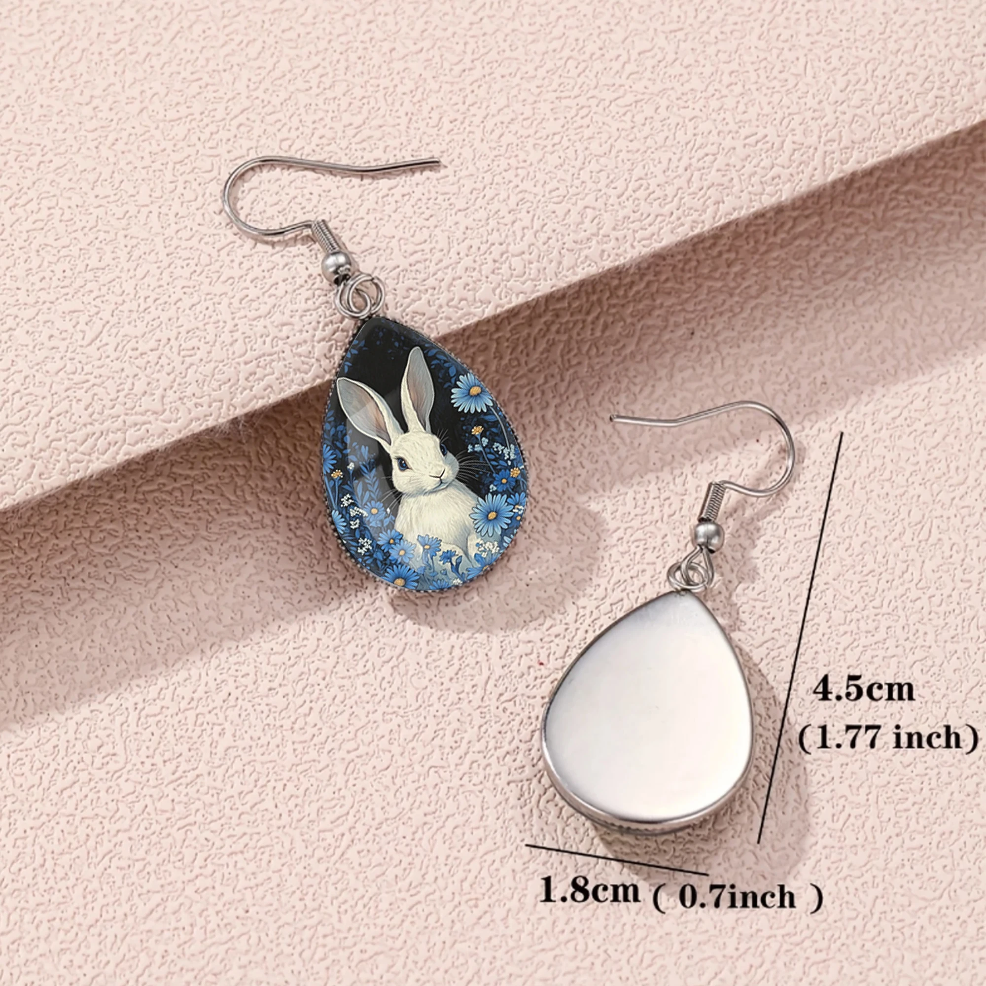 1 Pair of Earrings with Black Background, Blue Daisy and White Rabbit Motifs, Featuring Convex Glass and 316 Stainless Steel Water Drop Design, Cute and Simple Style, Suitable for Men and Women, Ideal for Gift-Giving and Party Wear, Jewelry Earrings