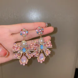 Vintage Baroque Pink Crystal Earrings for Women Bowknot Pearl Dangle Earrings Statement Jewelry