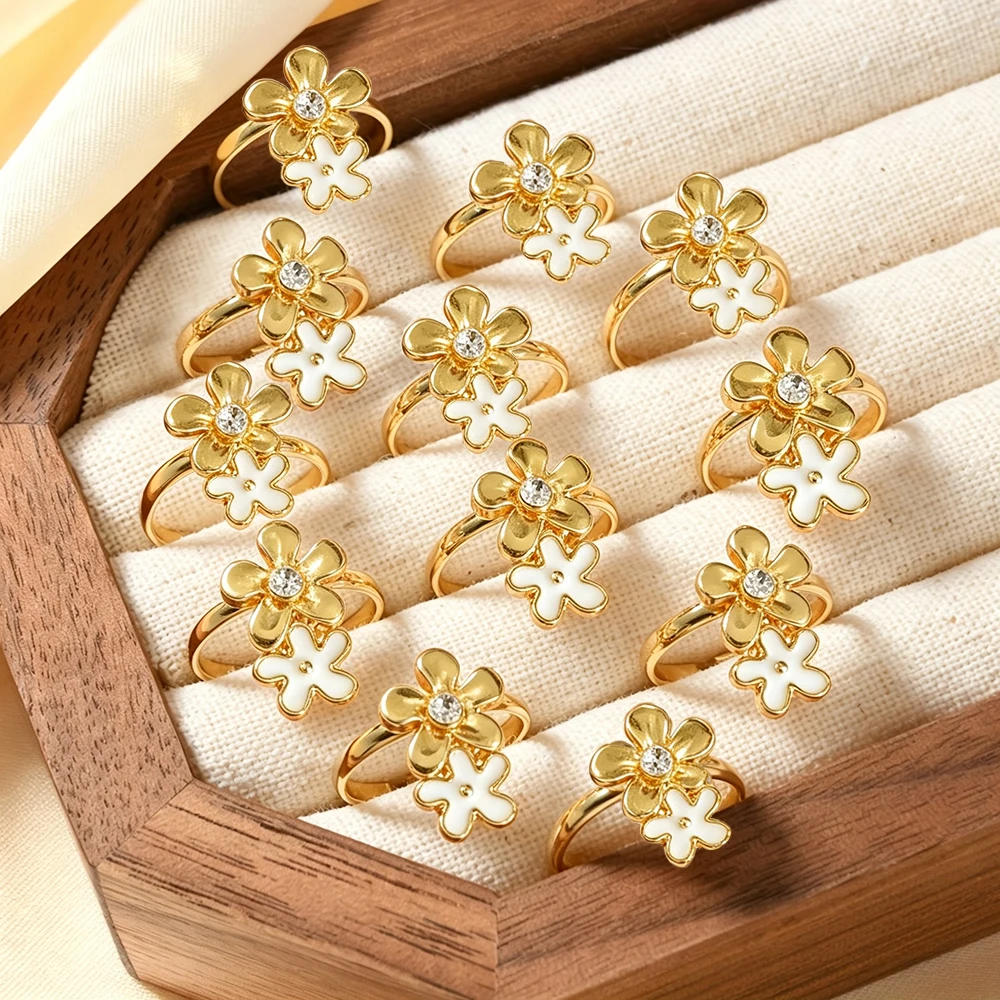 12Pcs Adjustable Open Rings with Double Flower Design, White Enamel, Rhinestone Inlay, Kc Gold Plated, Adjustable Rings for Women, Daily Decoration Accessories, Birthday Party Gift Set