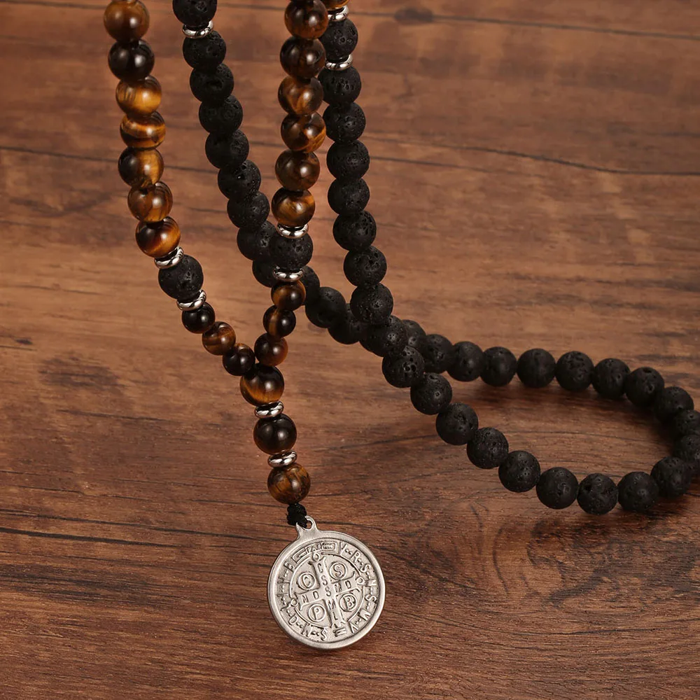 1 قطعة حجر عين النمر الطبيعي الصليب سانت بنديكت قلادة للرجال الحمم الحجر مطرز ميدالية سان بينيتو قلادة رجل مجوهرات