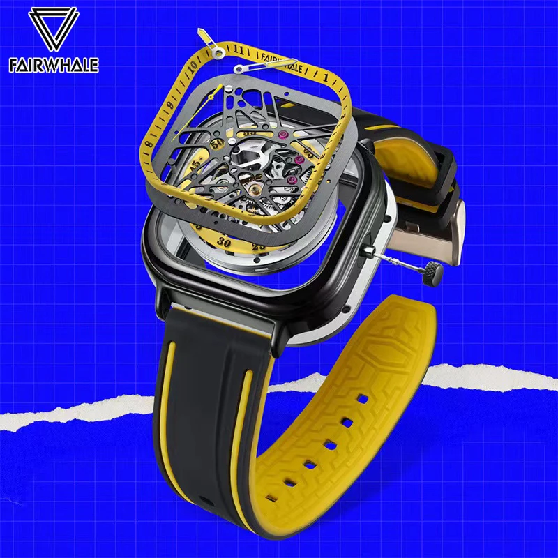 マークフェアホエールメンズスポーツ自動腕時計ファッションスクエアデザインシリコンストラップ高級スケルトン機械式腕時計