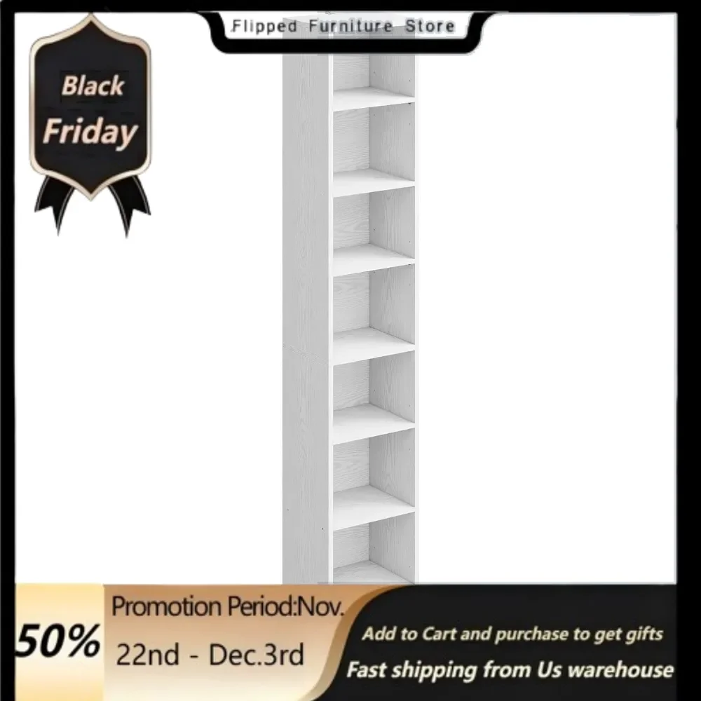 Tall Narrow Bookshelf 8 Tiers, Compact Corner Bookcase, Easy to Match for Living Room, Office, Study, Bedroom, White