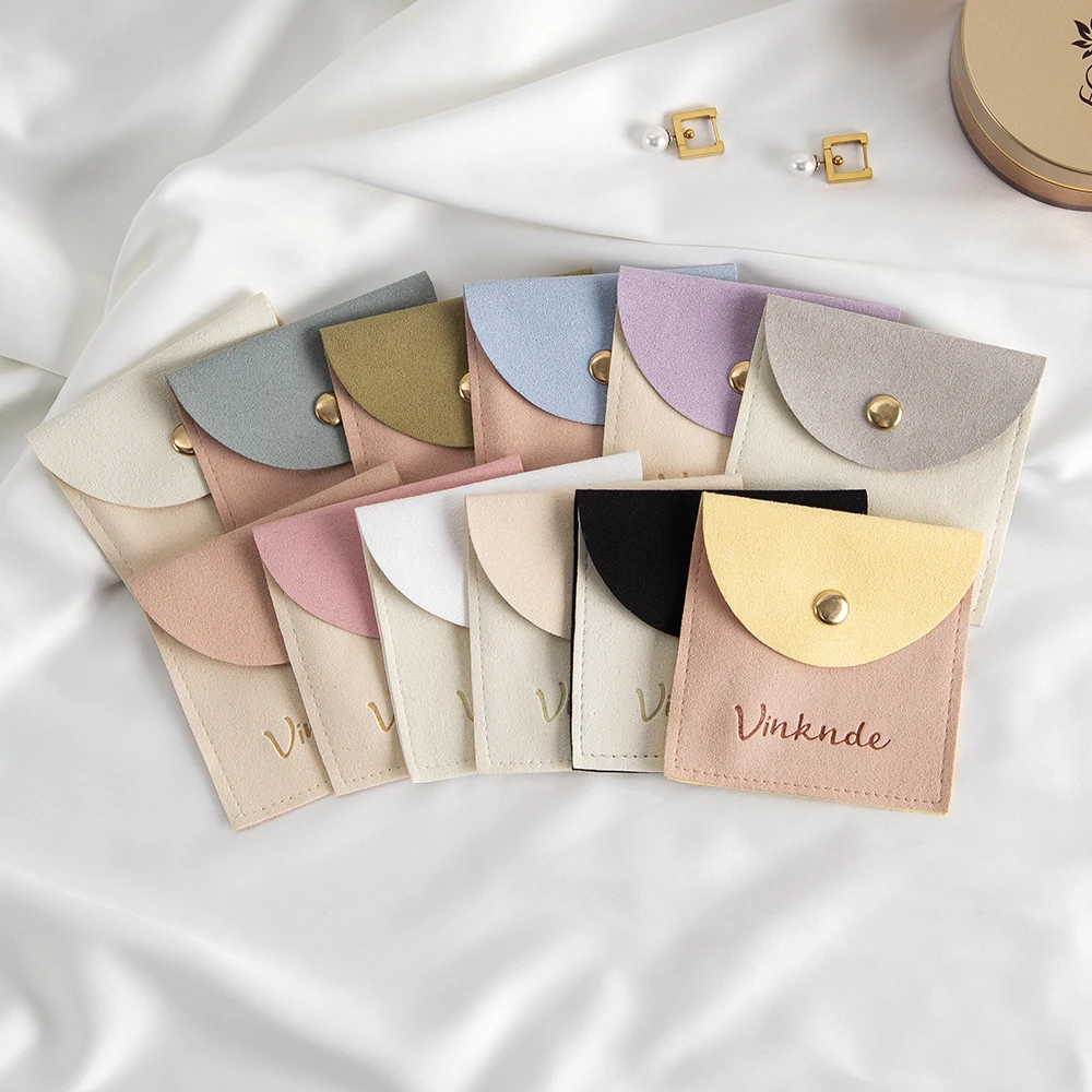 

Cream Beige Microfiber Packaging Snap Pouches Custom Logo Makeup Earrings Rings Trinkets Storage Button Bag Best Gift For Women