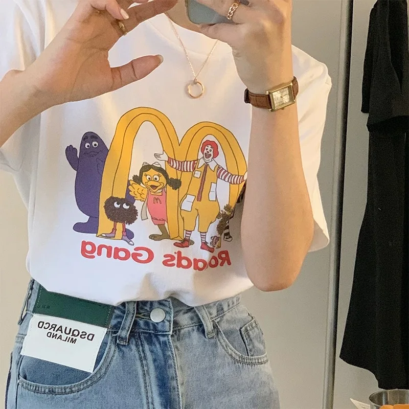 Retro Cartoon Print Loose Ins Tshirt Women's T-shirts Tops Japanese Kawaii Ulzzang Female Korean Harajuku Clothes For Women