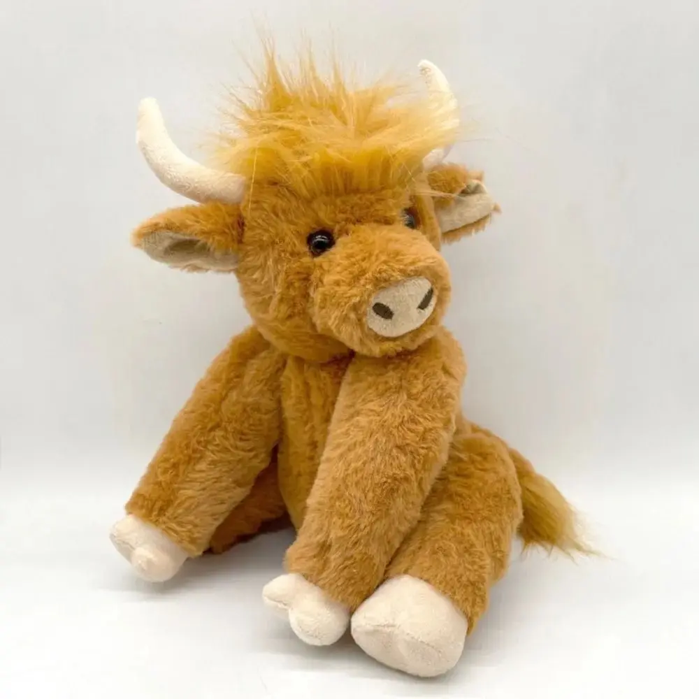 Simulation Highland Cow 25cm Flower Hairband Movable PP Cotton Doll Joints Movable Soft Long Hair Yak Collectible Item