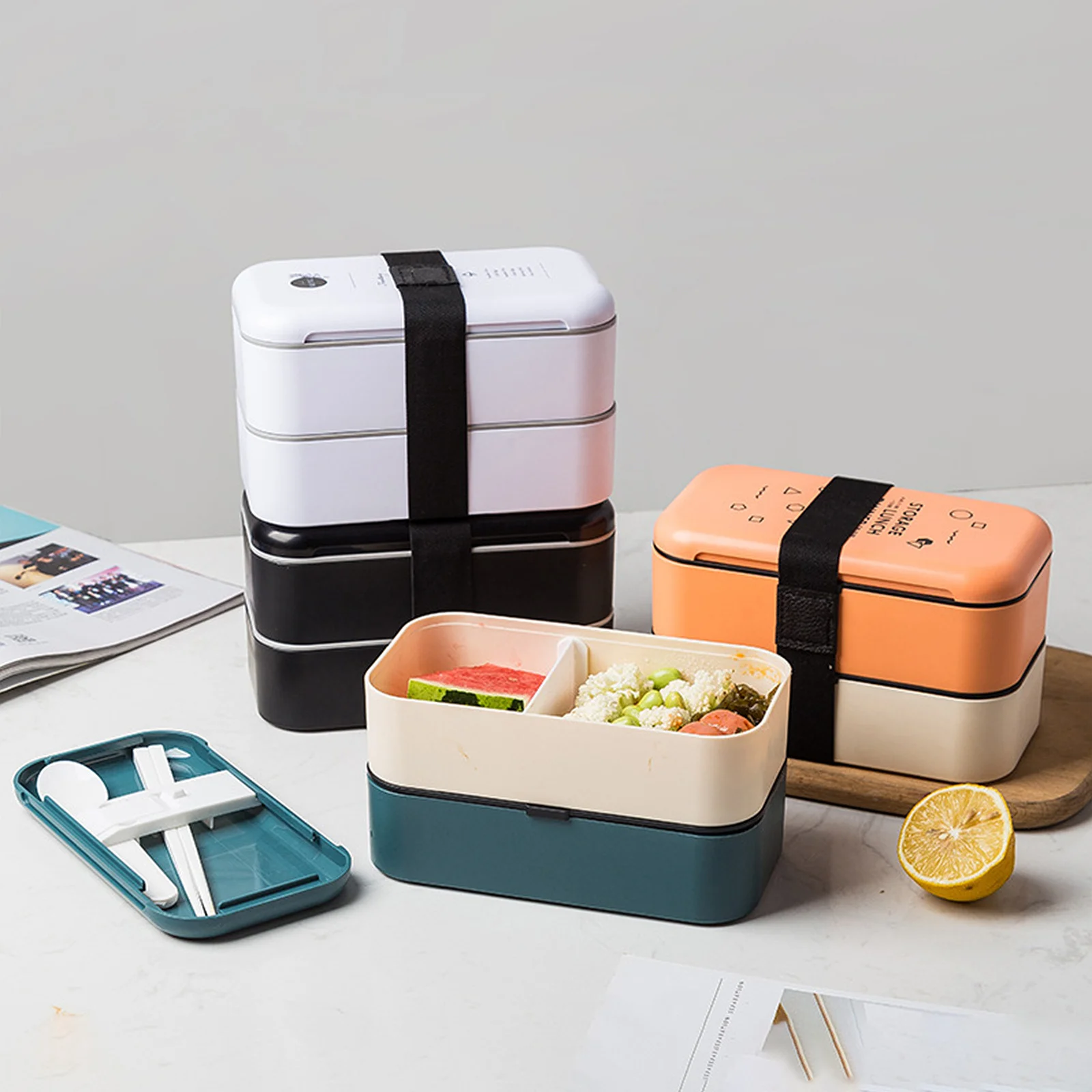 

1Pcs Japanese Double Layer Lunch Box Bento Box with Strap for Students Workers Microwavable Practical Lunch Container Food
