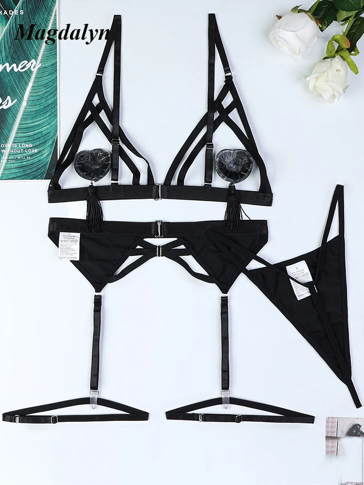 Magdalyn Women Hollowed PU Bra Brief Suit Sexy Lingerie Pornographic Bodycon Intimate Cosplay 4 Piece Outfits Solid Lingerie Set