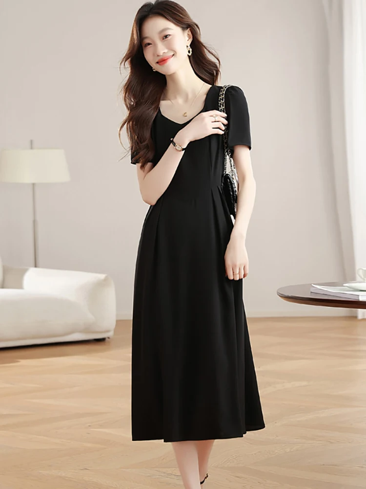 여성 한국 빈티지 헵번 프롬 드레스 여름 블랙 플리츠 바디콘 오피스룩 드레스 2025 신상 우아한 캐주얼 페스티벌 드레스