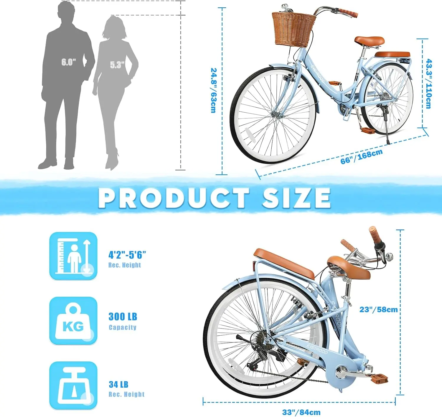 26 Inch Folding Beach Cruiser Bike for Women, 7-Speed Ladies Bike with Basket & Rack, Perfect for City Commuting's Bicycle, Idea