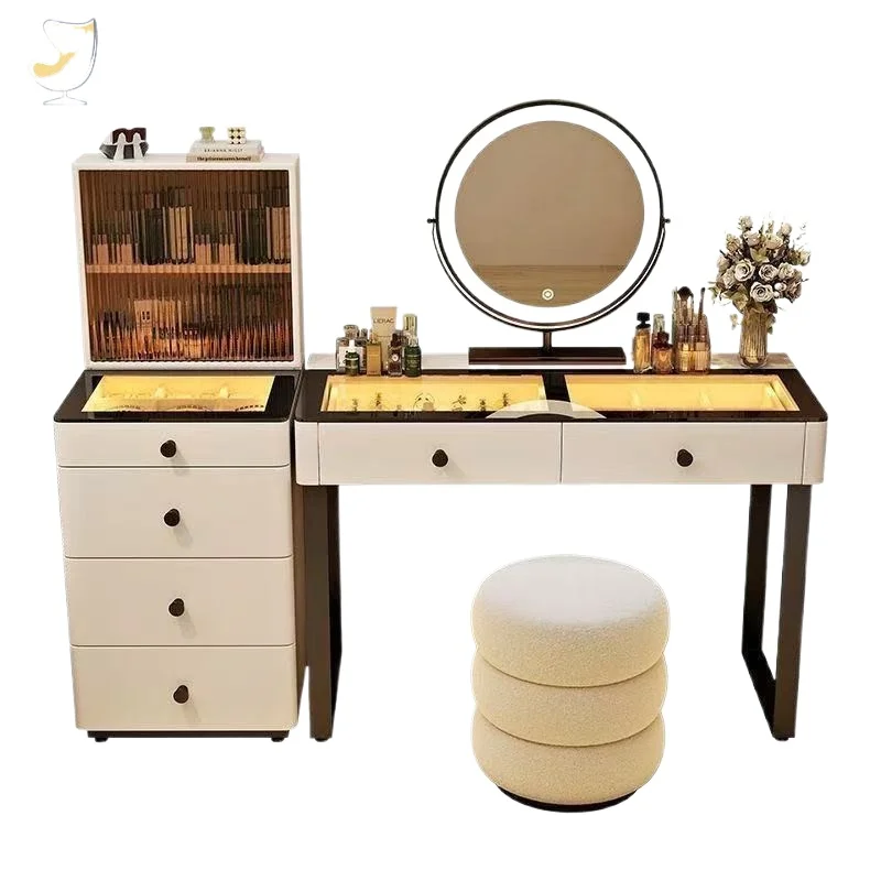 

Cream wind solid wood dresser, light modern simple bedroom chest storage integrated dressing table