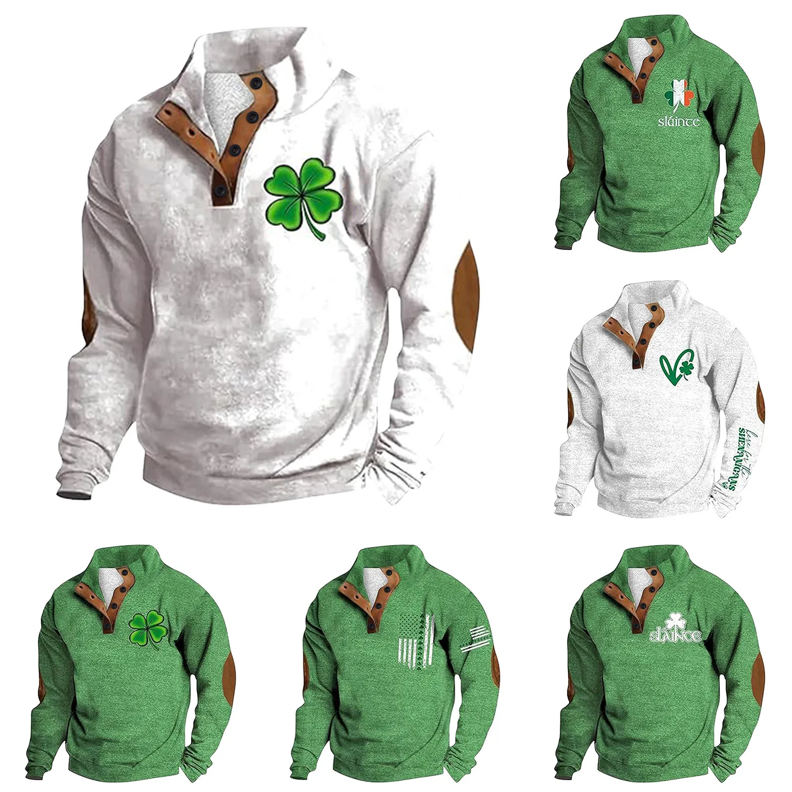 Mens St Patricks Day Printed Button Up Long Sleeved Hoodie Retro Hip Hop Outwear