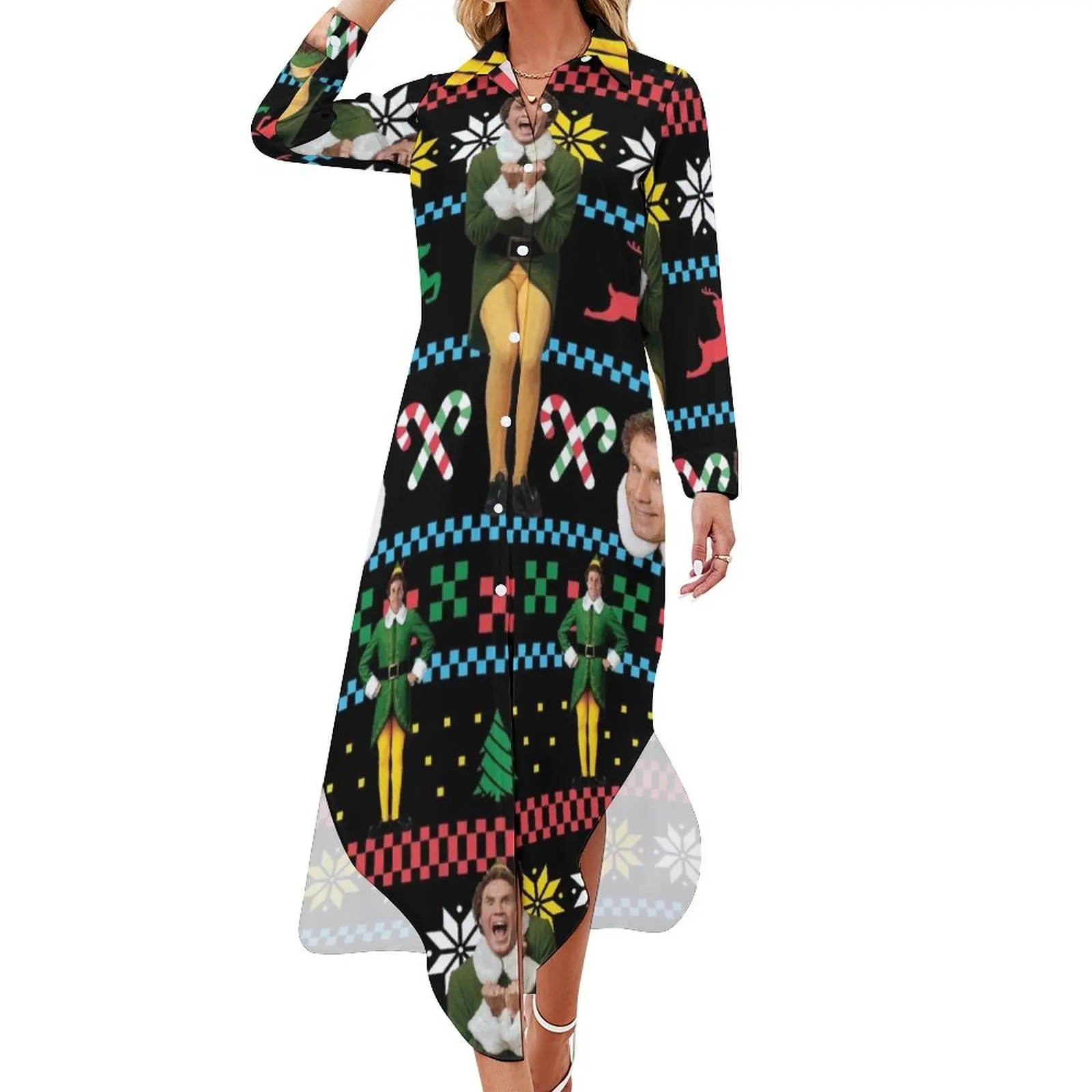 Buddy The Elf Ugly Christmas Sweater Design Classic Xmas Movie Fun Gift Will Ferrell Long Sleeved Shirt Dress loose summer dress