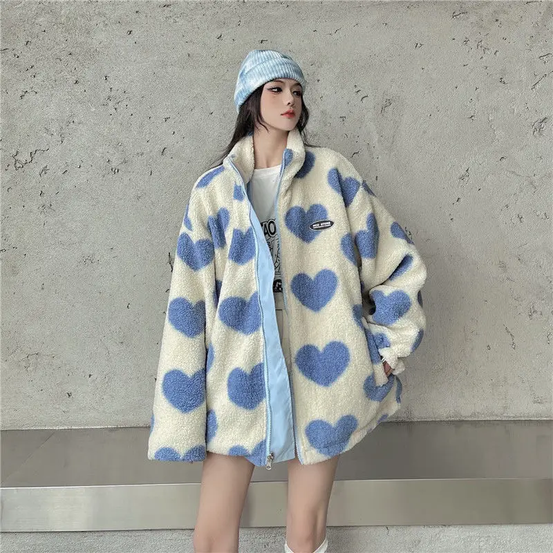 

Women Double-sided Lamb Fur Plush Coat Couple Loose Heart Print Love Padded Jackets Casual Zipper Winter Stand up Collar Outwear