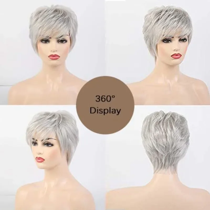 Fotografia 3: Nova Chegada: Peruca Feminina Curta Pixie Cinza Claro de Cabelo Humano, 4 Polegadas, 150% de Densidade, Estilo Natural Feito à Máquina