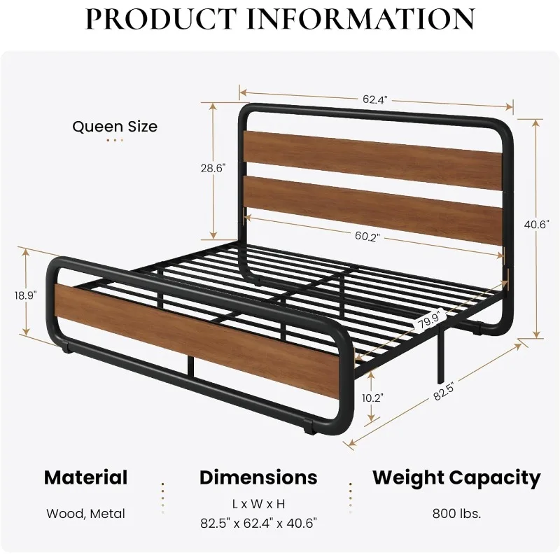 SHA CERLIN Queen Size Metal Bed Frame with Wooden Headboard and Footboard, Heavy Duty Oval-Shaped Platform Bed with Under-Bed St