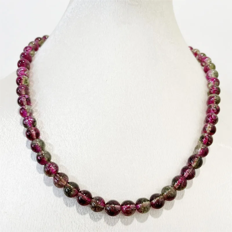 

8MM Watermelon Tourmaline Quartz Natural Stone Necklace Brazil Bead Women Luxury Gemstone Preciosas Jade Yoga Jewelry Female