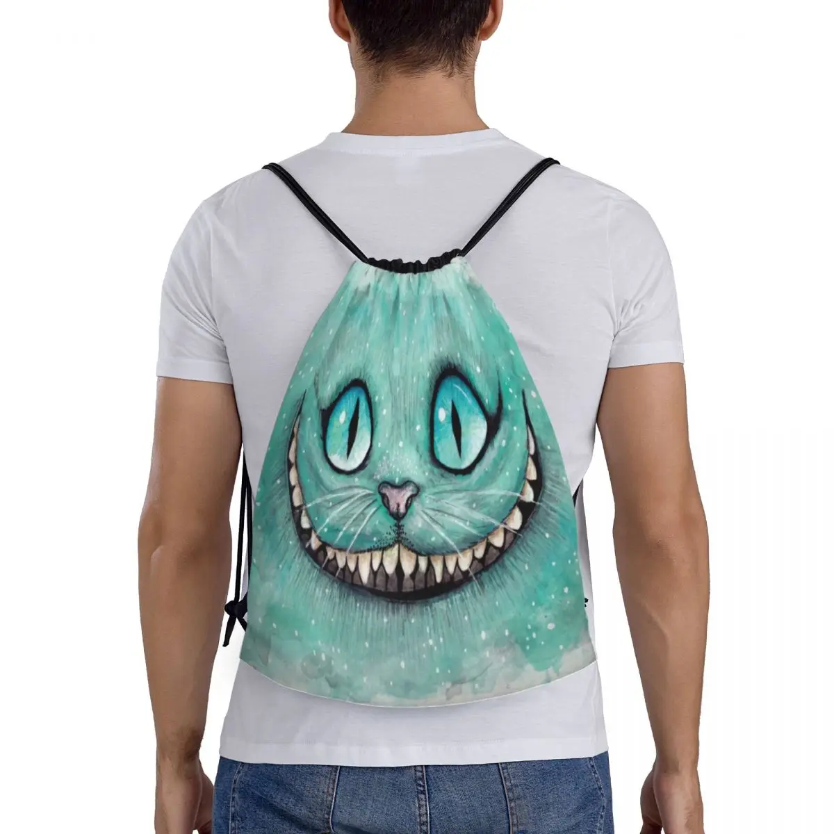 Engraçado Cheshire Cat Drawstring Bag para Homens e Mulheres, Dobrável Ginásio Mochila Desportiva, Alice no País das Maravilhas Treinamento, Mochilas De Armazenamento, Personalizado