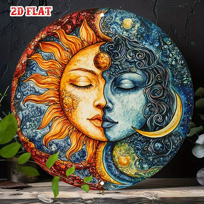 2D Flat - A Round Metal Sign with Classic Sun And Moon Designs in a Cosmic Theme, Perfect for Artistic Environments Like Cafes