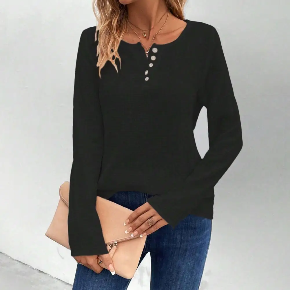 

Casual Round Neck Shirt Stylish Women's Solid Color Loose Fit Long Sleeve Pullover Tops with Round Neckline Buttoned for A