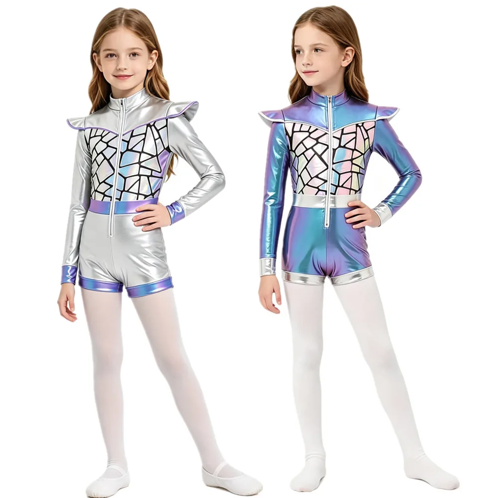 Kids Girls Halloween Outer Space Cutie Alien Costume Long Sleeve Zipper Metallic Shiny Sequin Bodysuit Robot Astronaut Dress Up
