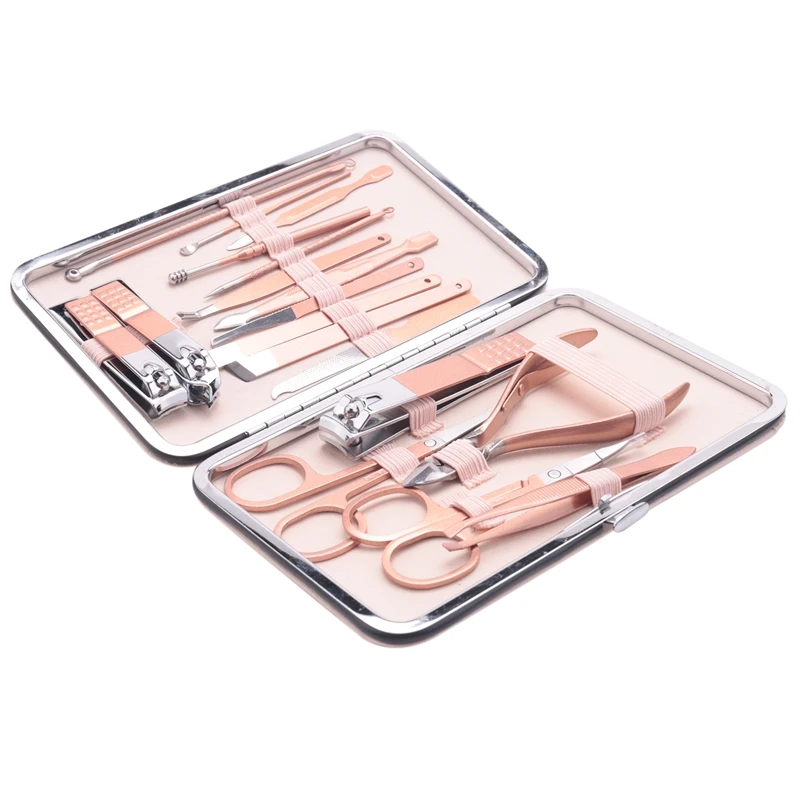 18 pz/set Kit di strumenti per Nail Art in acciaio inossidabile in oro rosa tagliaunghie in acciaio Trimmer Ear Pick Grooming Kit Manicure Set Pedicure
