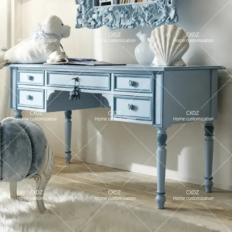 Blue Retro Makeup Table with Drawers Solid Wood Vanity Desk for Bedroom Princess Style Dressing Table