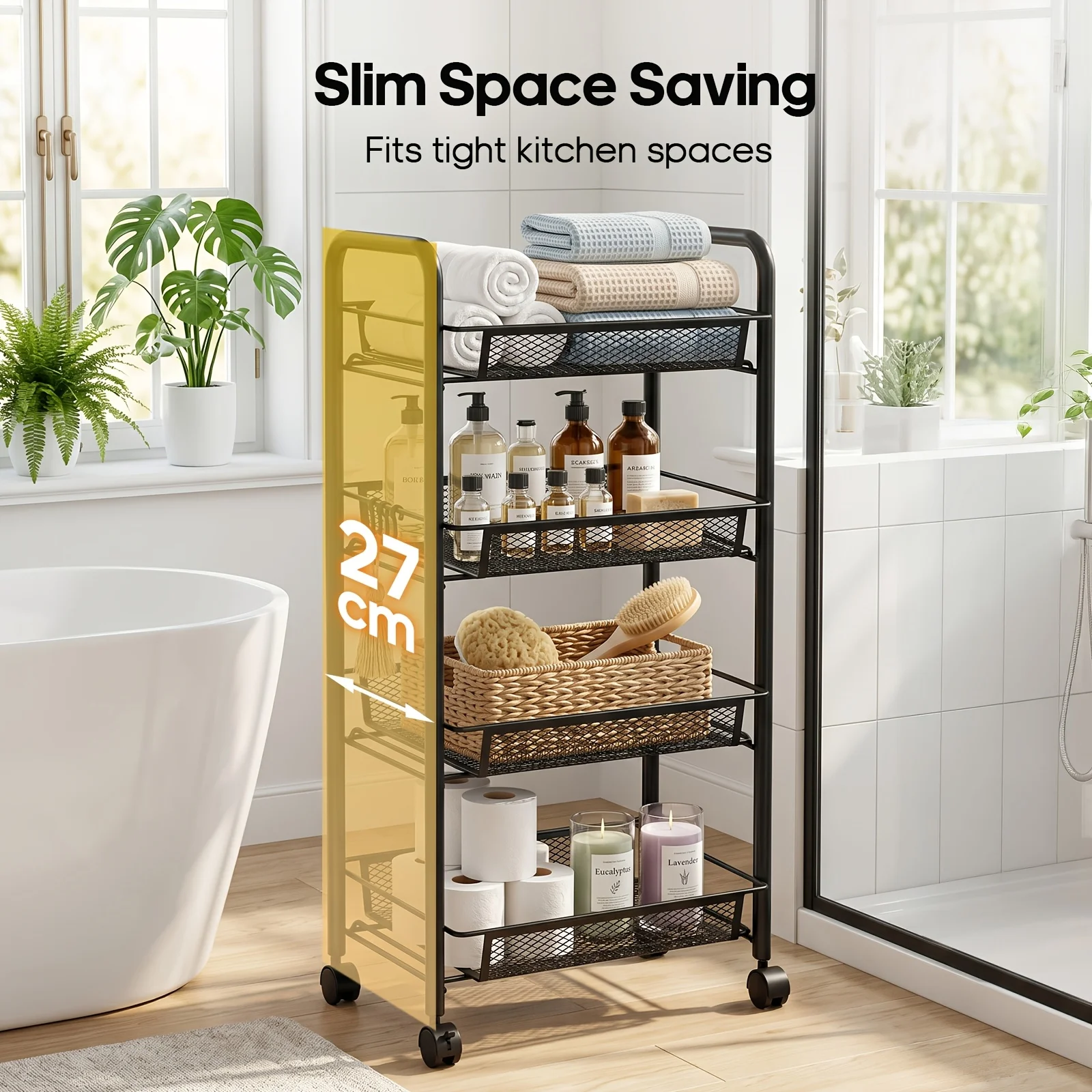 3/4/5Tier Mesh Wire Rolling Cart, Kitchen Storage Organizer Utility Cart Full Metal Basket Storage Art Trolley Carts With Wheels