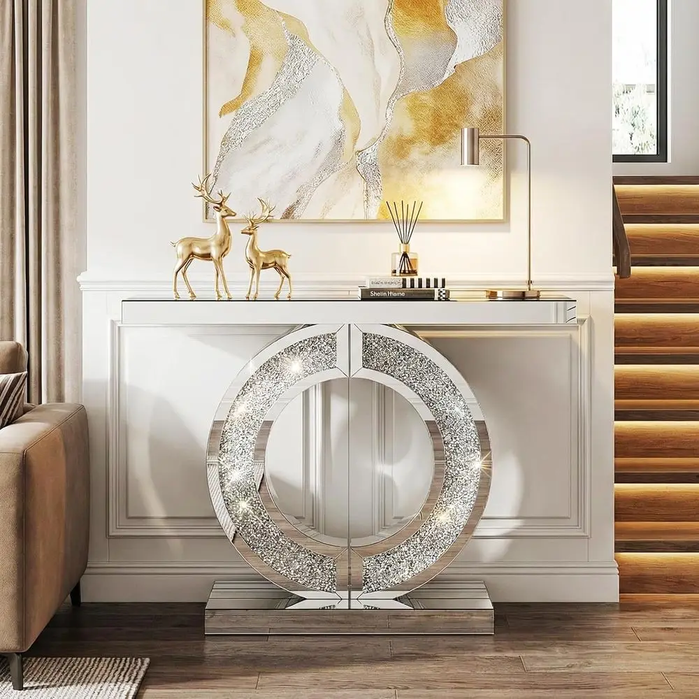 

43 inch Crushed Diamond ole Table, Silver Mirrored Sparkling Table or oyer, 5mm HD Mirror with Diamond Reraction, Sturdy ull Rin