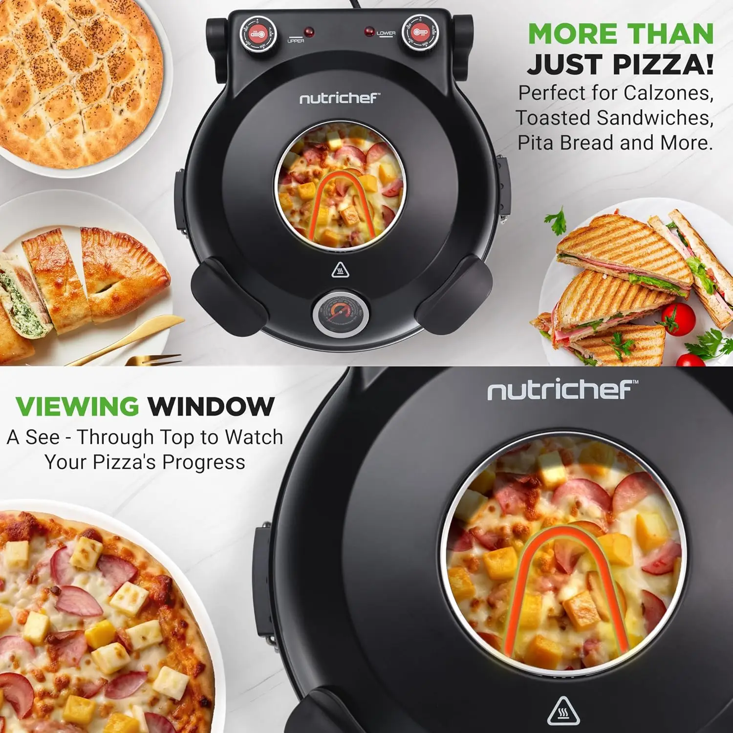 Electric Pizza Oven | 1200W Countertop Pizza Maker with Temperature Control & Thermometer | Viewing Window for Precise