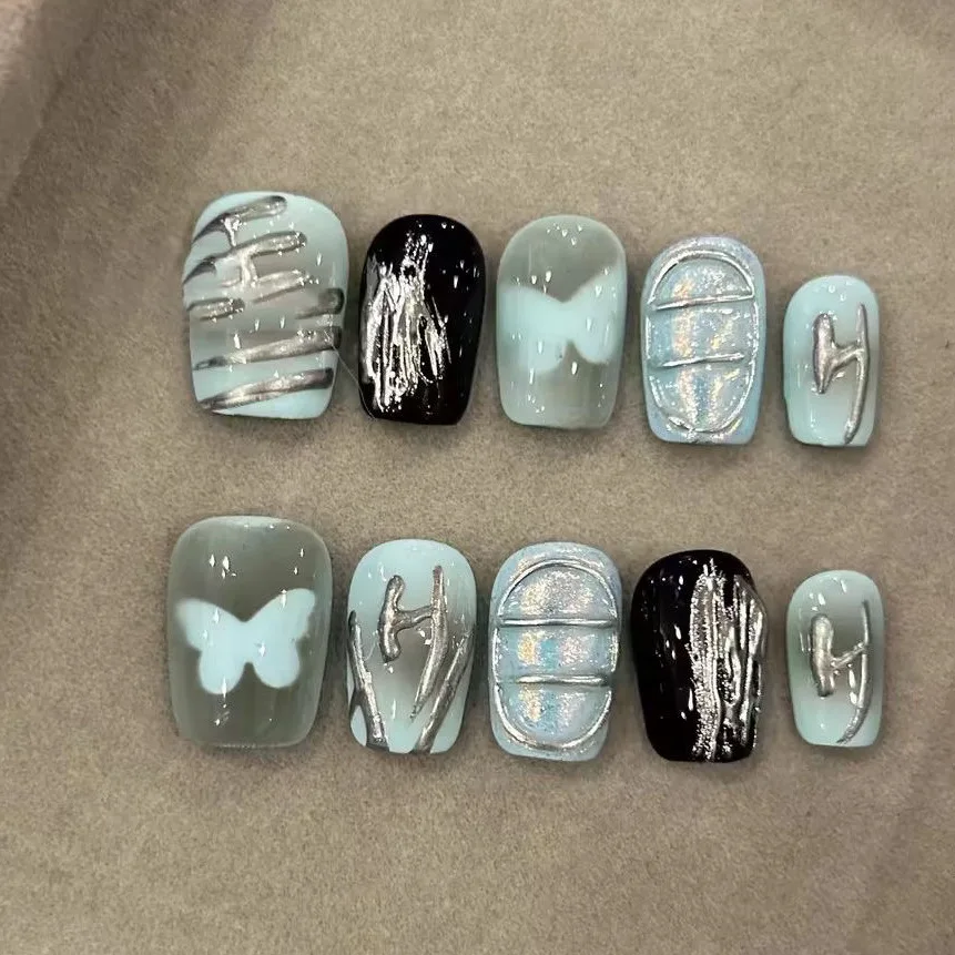 

24PCS Y2k Short Coffin Press on False Nail with Glue Butterfly Metallic Silver Blush Fake Nail for Spice Girls Wearable Ins Nail