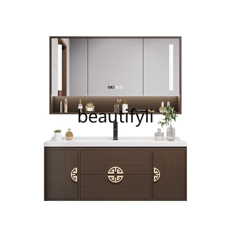 

New Chinese oak integrated ceramic basin bathroom cabinet combination hand washbasin bathroom cabinet modern light luxury