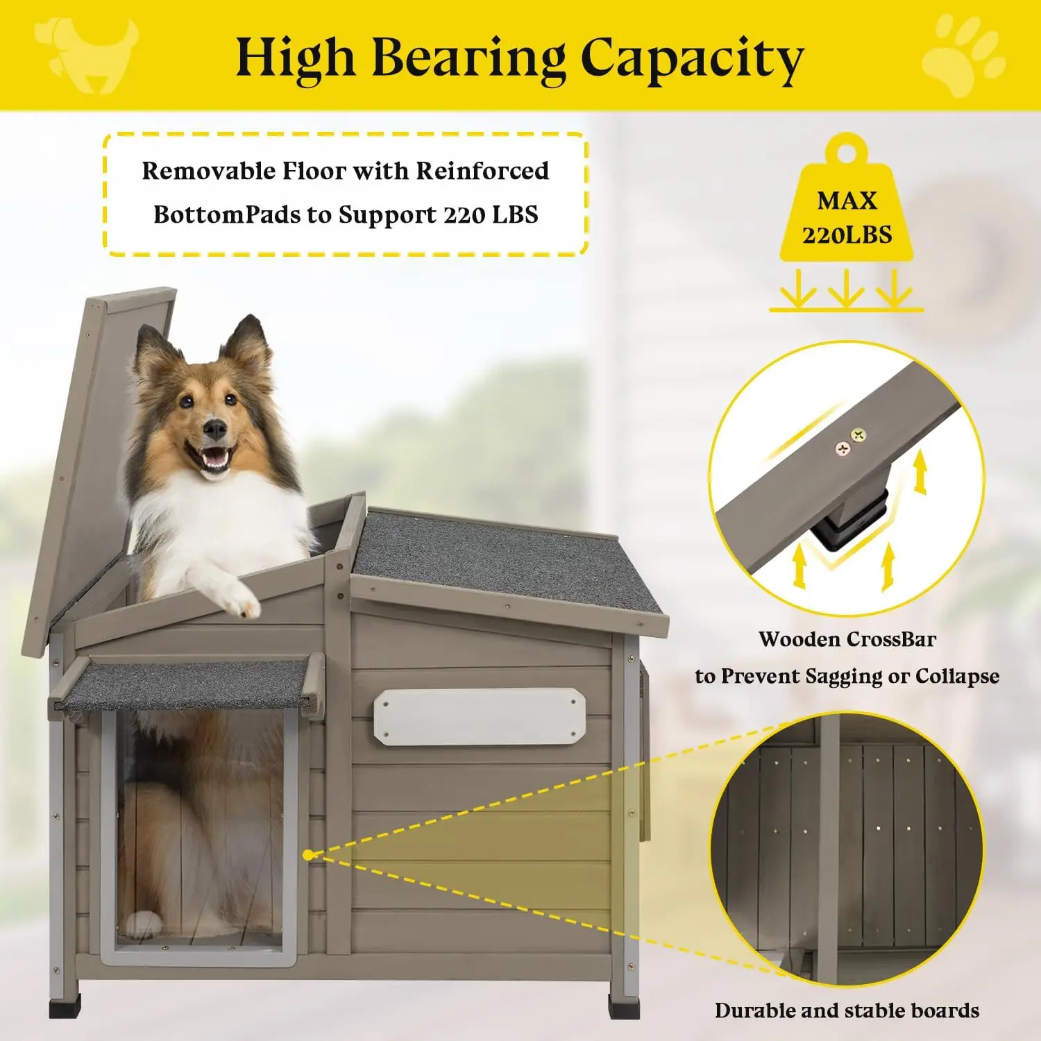 Dog House Outdoor Weatherproof Large Wooden Indoor Kennel for Large and Medium Dogs (Gray, 43.5"D x 29.5"W x 33.5"H)