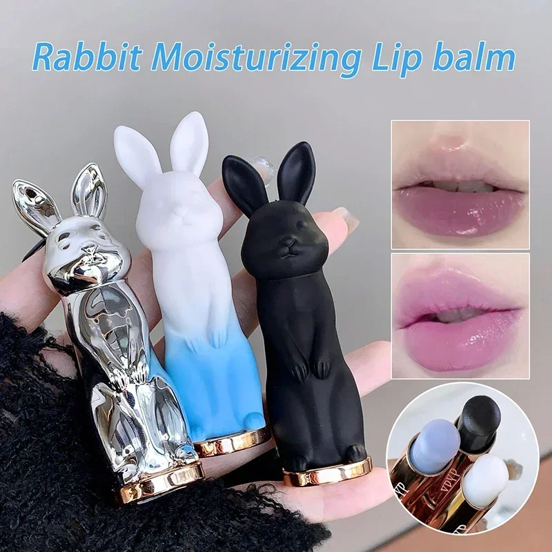 

Rabbit Black Lip Balm Peach Transparent Lip Tint Moisturizing Lips Makeup Base Reduce Lip Wrinkles Care