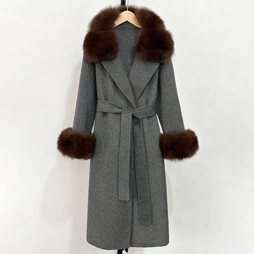 Oftbuy casaco de pele feminino real gola de pele de raposa lã mistura casaco moda quente dupla face cashmere jaqueta de lã novo outono inverno