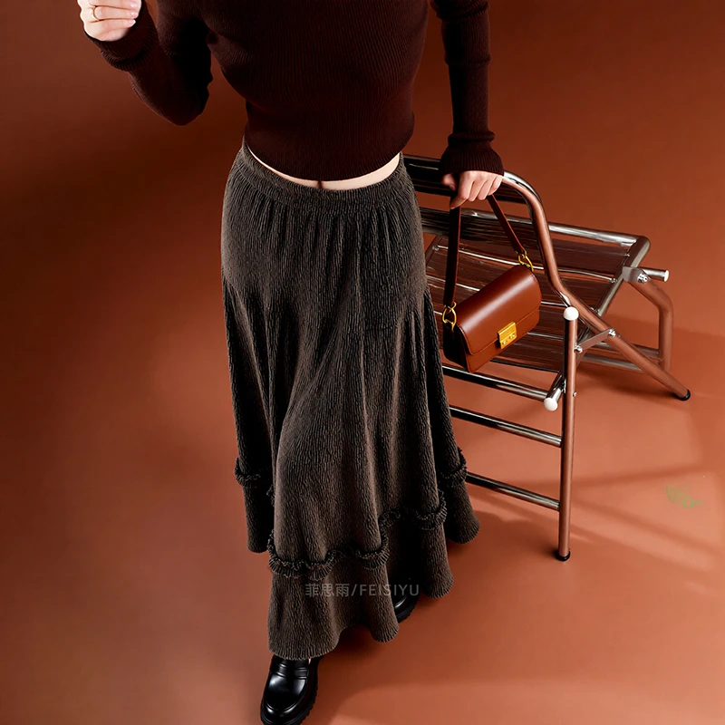 2026 New Arrival Autumn/winter Women Loose Casual High Waist A-line Skirt Pleated Patchwork Design Ankle-length Skirts T156