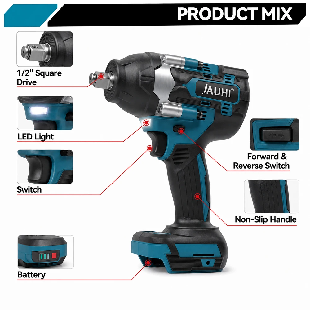 JAUHI 1800N.M Torque Brushless Electric Impact Wrench For Trucks 1/2 inch Cordless Wrench Driver Tool For Makita 18V Battery - view 2
