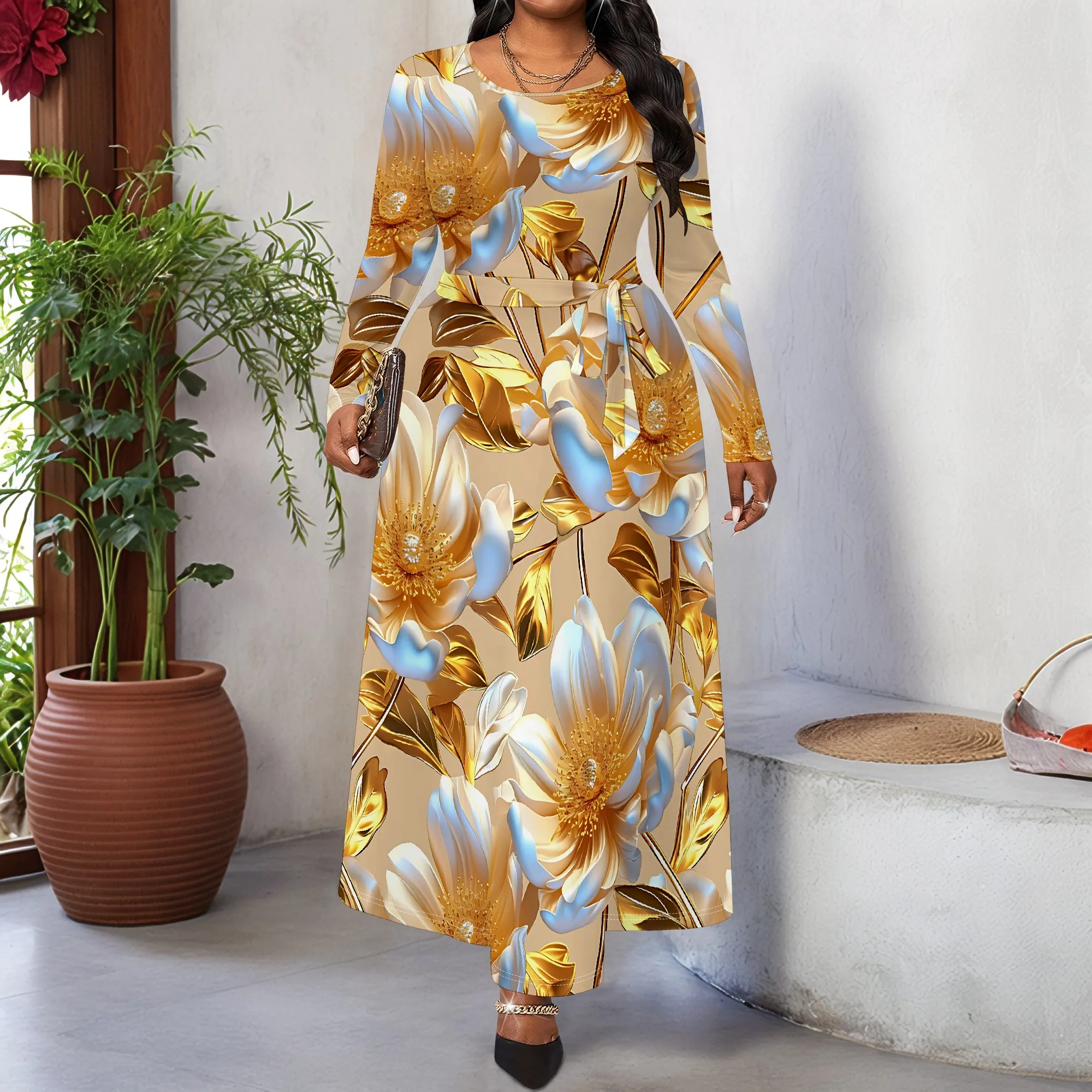 Gaun Wanita Ukuran Besar Lengan Panjang dengan Ikat Pinggang, Gaun Saku Modis Cetak 3D