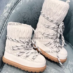 White Wrinkled Leather Fine Grain Boots Calf Women Platform Thick Sole Gray Lace Up Snow Boots Girls Winter Round Toe Plush Shoe