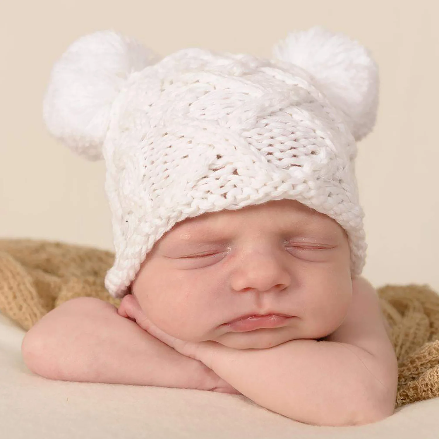 Winter Newborn Cute Bear Photography Baby Casual Everything Warm Soft Comfortable Breathable Wool Knit Double Ball Hat